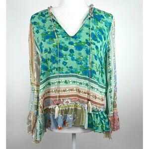 Plenty by Tracy Reese Boho Floral Peasant Top Ruffle Hem Size Large Multicolor